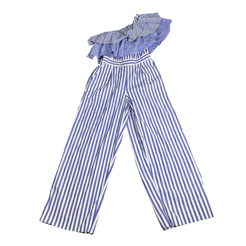 J.Crew Blue White Striped One Shoulder Ruffle Wide Leg Jumpsuit AK265 Size 2 NWT